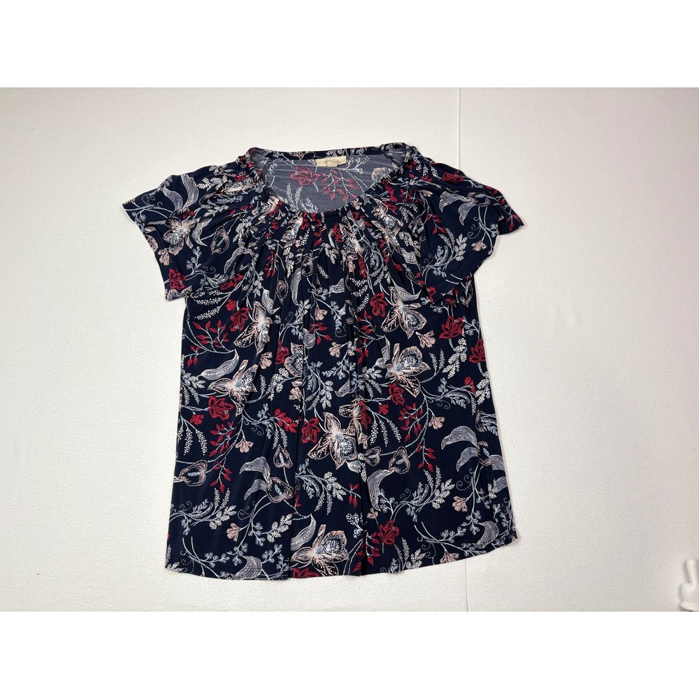 Style & Co Womens Large Navy Blue Floral Pleated Neck Short Sleeve Blouse Top